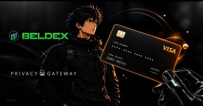 A promotional graphic for 'BELDEX' featuring an anime-style character holding a glowing black Visa card, with the tagline 'PRIVACY GATEWAY' displayed alongside the Beldex logo.
