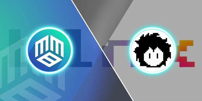 A split-screen graphic showing two esports logos: a blue and white hexagonal emblem on the left and a pixelated black-haired character on the right, both glowing with cyan halos against colored backgrounds.