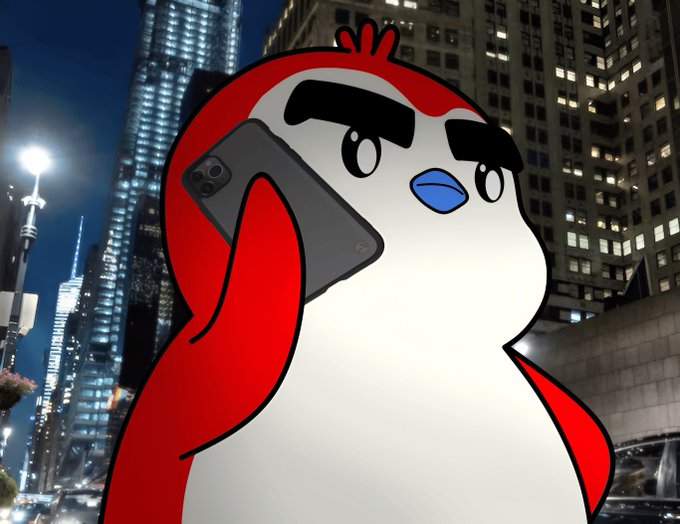 A cartoon red and white puffin-like bird with thick eyebrows holds a smartphone to its ear, set against a nighttime city skyline.