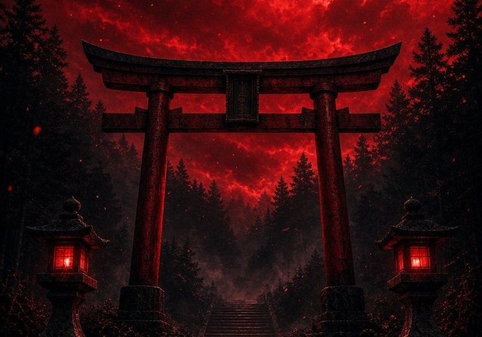 A traditional Japanese torii gate stands against a dramatic dark red sky, flanked by glowing stone lanterns in a forest setting.