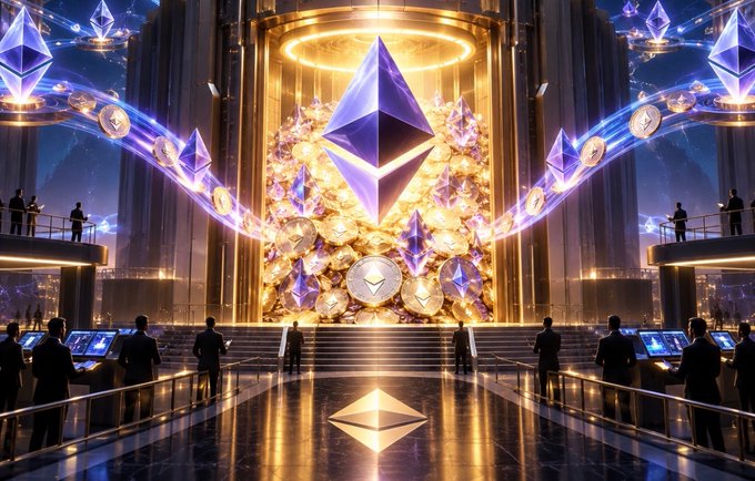 A grand futuristic chamber features a massive glowing Ethereum logo at its center, surrounded by cascading golden coins and floating crypto symbols, while suited figures observe from balconies and control terminals below. The image's grand vault of Ethereum symbolizes Bitmine's massive accumulation of 5.93 million ETH, visually representing the scale and grandeur of their nearly 5% ownership of Ethereum's total supply.