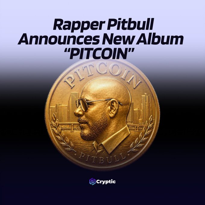 The image displays a golden coin designed to resemble a cryptocurrency, featuring a profile illustration of rapper Pitbull wearing sunglasses with the text "PITCOIN" at the top and "PITBULL" at the bottom, set against a backdrop reading "Rapper Pitbull Announces New Album 'PITCOIN'." The post notes that while Pitbull announced his new album called "PITCOIN," multiple unofficial $PITCOIN tokens have already launched on Solana, though none have been endorsed by the artist.