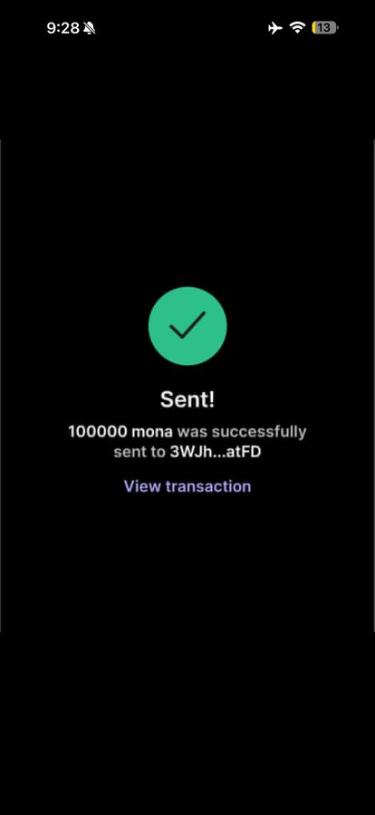 The image shows a successful transaction confirmation screen confirming that 100,000 mona tokens were sent to the wallet address starting with "3WJh..." with a green checkmark and a "View transaction" link, visually supporting the airdrop claim of distributing 100,000 MONA tokens.