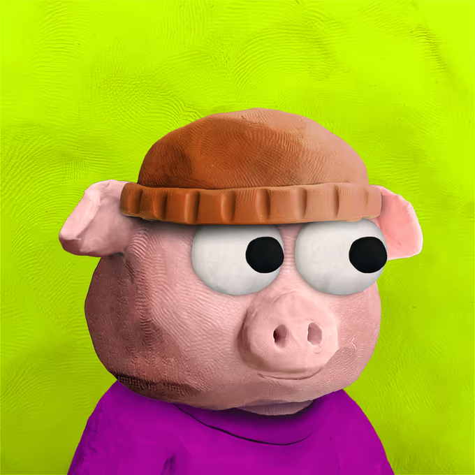 A 3D-rendered pink pig character wearing a brown beanie and a purple shirt against a bright green background.