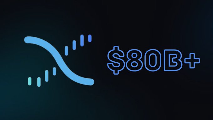 A graphic displays a stylized blue 'X' logo composed of dots and a curve, alongside the text '$80B+' on a dark background.