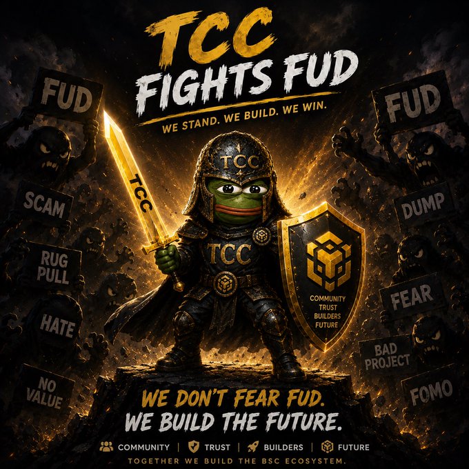The image shows a Pepe the Frog character in armor, wielding a sword and shield, surrounded by shadowy figures holding signs with "FUD" and negative terms like "SCAM," "DUMP," and "FEAR." This visually represents $TCC fighting against negative sentiment and challenges, aligning with the post's message of resilience and community building.