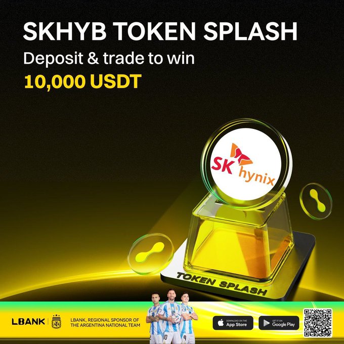 A promotional banner for LBank's 'SKHYB TOKEN SPLASH' campaign offers a chance to win 10,000 USDT through depositing and trading, featuring the SK Hynix logo and Argentina National Team players.