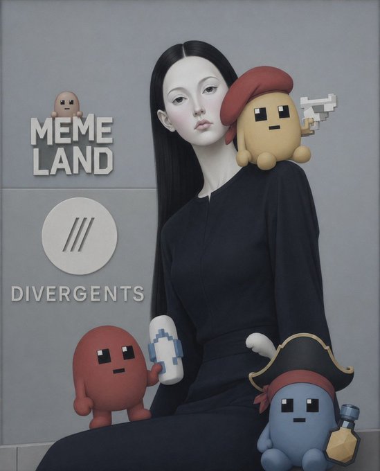 An illustrated figure in black clothing sits against a gray background with floating characters and the text 'MEME LAND' and 'DIVERGENTS'.