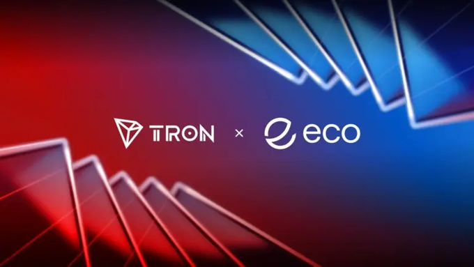 The image features the white "TRON × eco" logos centered against a gradient red-to-blue background with geometric triangular shapes, visually representing the partnership announcement that Eco has integrated TRON into its multi-chain stablecoin liquidity network for fast, programmable cross-chain USDT transfers.