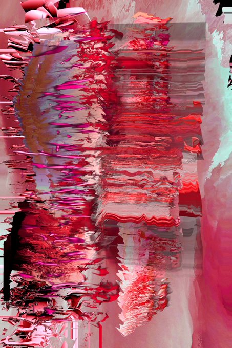 An abstract digital artwork featuring chaotic red, pink, and white vertical strokes and glitch-like distortions against a dark background.