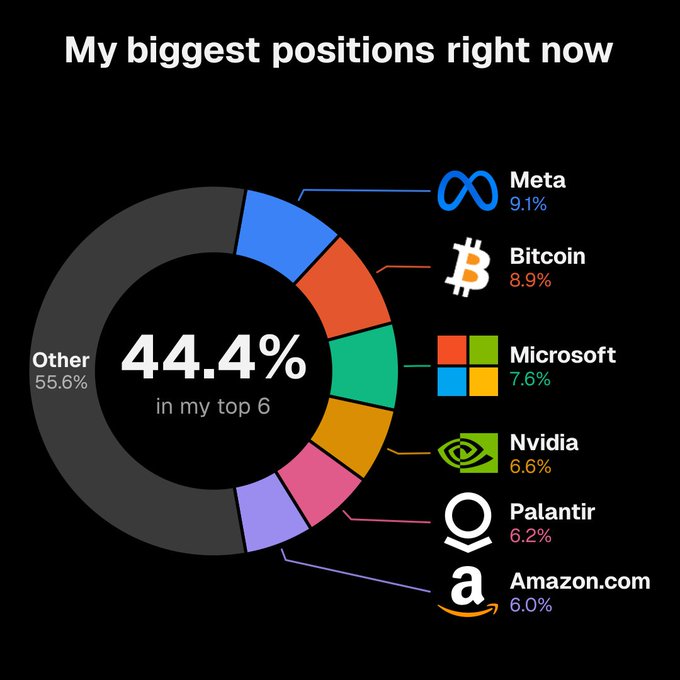 A pie chart titled "My biggest positions right now" showing the top 6 holdings: Meta (9.1%), Bitcoin (8.9%), Microsoft (7.6%), Nvidia (6.6%), Palantir (6.2%), and Amazon.com (6.0%), which together account for 44.4% of the portfolio, with the remaining 55.6% in "Other." This appears to be an updated version of the poster's earlier top 5 list, showing that while Meta, Microsoft, and Nvidia remain in the top positions, Palantir and Amazon.com have replaced Palo Alto and ServiceNow, with Bitcoin now at 8.9% rather than its previous status as the largest holding at 11.2%.