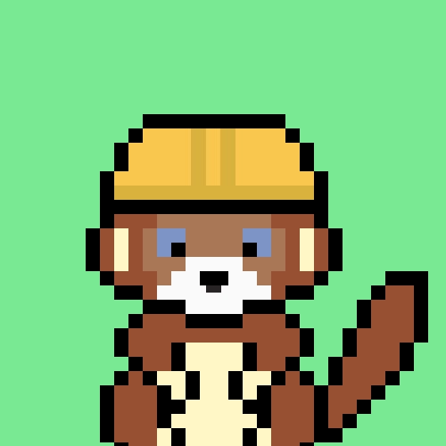 A pixel-art monkey wearing a yellow cap stands against a bright green background, holding a raised brown tail on the right side.