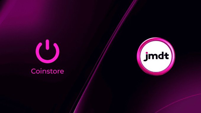 The promotional graphic features the Coinstore logo on the left and the "jmdt" Jupiter Meta Data Token logo on the right against a dark purple gradient background. The split-screen design visually represents the listing of JMDT on the Coinstore exchange, aligning with the post's announcement about Jupiter Meta Data Token's blockchain infrastructure for verifiable data and privacy.