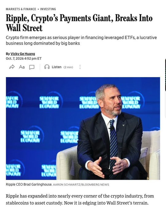 Bloomberg article titled 'Ripple, Crypto's Payments Giant, Breaks Into Wall Street' by Vicky Ge Huang (Oct. 7, 2026), featuring a photo of Ripple CEO Brad Garlinghouse speaking at the Semaphore World Economy forum, discussing Ripple's expansion into ETF financing.