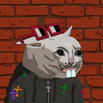 A cartoon illustration shows a smiling, anthropomorphic animal character with large buck teeth wearing red pixelated sunglasses and a black hoodie adorned with colorful crosses, standing against a red brick wall.