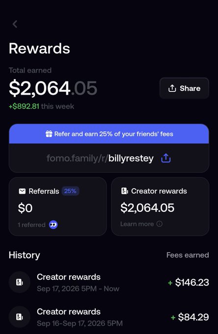 A mobile app screenshot showing 'Rewards' totals of $2,064.05 with referral links to fomo.family and a history of creator rewards earnings.