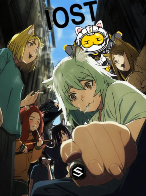 Anime-style illustration of characters including a green-haired girl reaching toward the viewer, with the text 'IOST!' at the top and a logo on the character's glove.