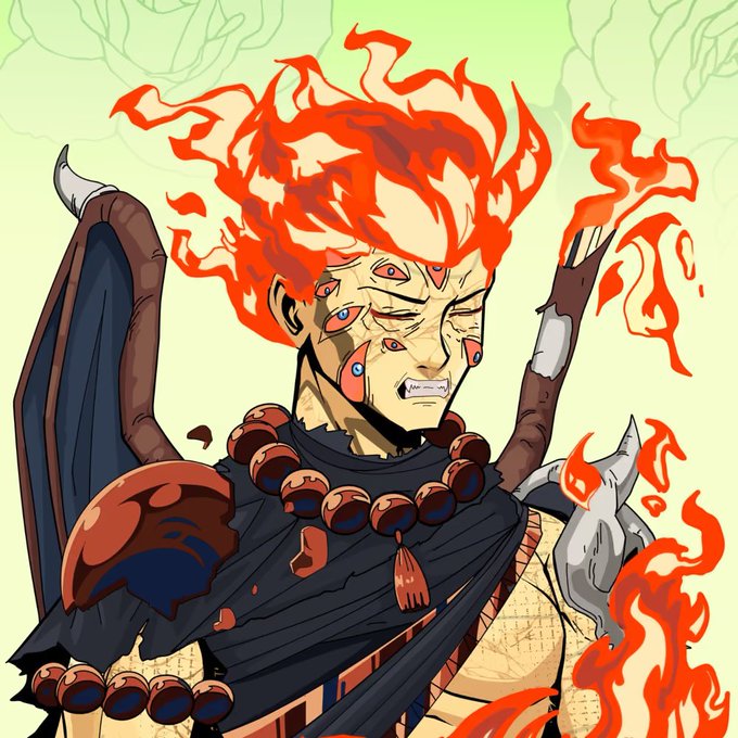 An anime-style digital drawing of a stern-faced male character with fiery orange hair and red markings on his face and arms. He is wearing dark clothing with a large beaded necklace and has flames surrounding him.