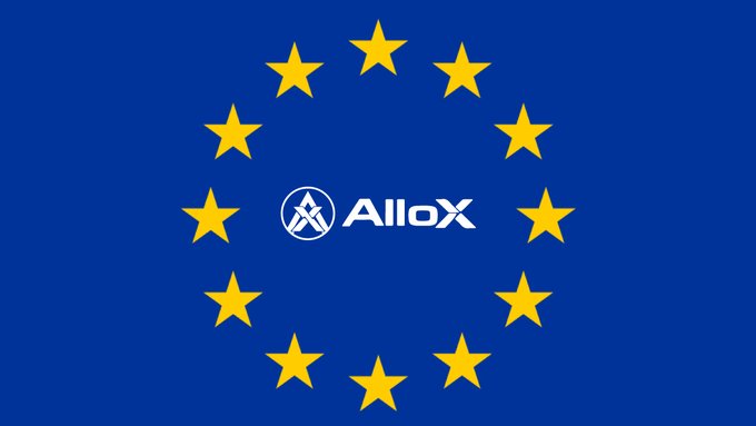 Blue flag-like image featuring a circle of twelve yellow stars (similar to the EU flag design) with the 'AlloX' logo and name in the center.