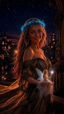 A fantasy-style illustration of a smiling woman with a glowing blue flower crown holding a tiny fairy-like figure, set against a night sky and distant castle.