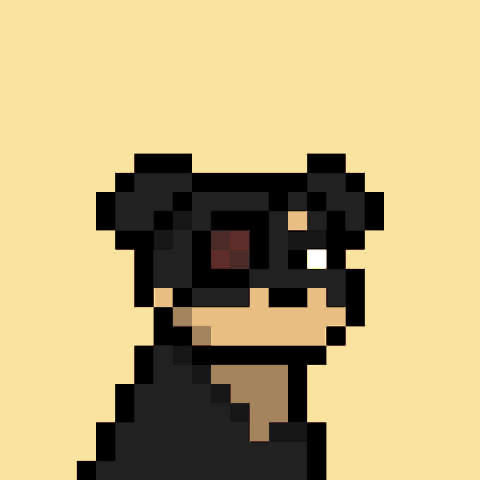 A pixel art character with dark hair and a beard is depicted in low resolution against a yellow background.