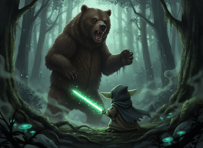 A small, Jedi-like figure wielding a glowing green lightsaber stands defiantly against a massive roaring bear in a misty, enchanted forest. The image evokes a "David vs. Goliath" battle, mirroring the post's teaser about an upcoming major catalyst and the rallying call to holders of $YODA to brace for the next chapter.