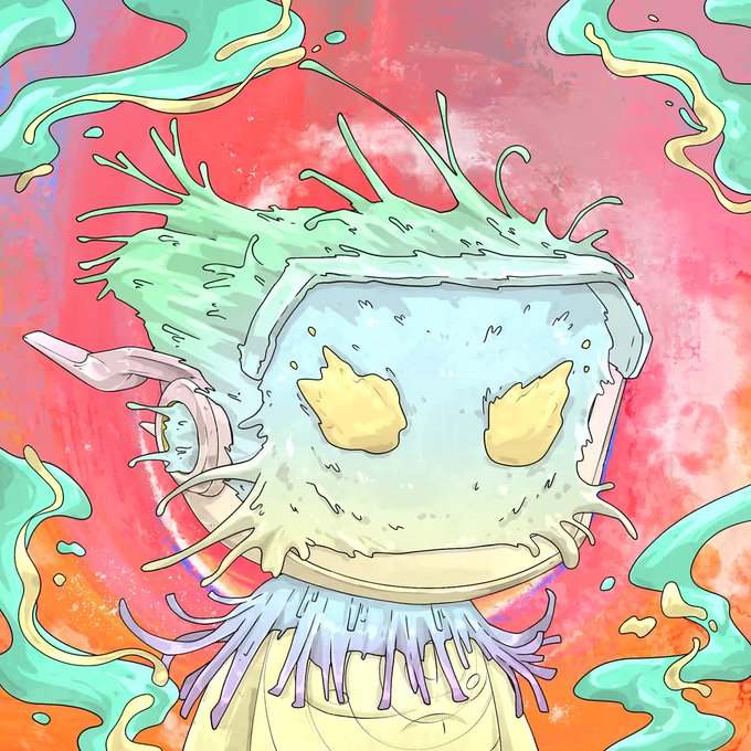 A digital illustration of a whimsical, blue-green creature with glowing yellow eyes, antennae, and a frilled collar set against a vibrant pink and orange background with swirling teal accents.