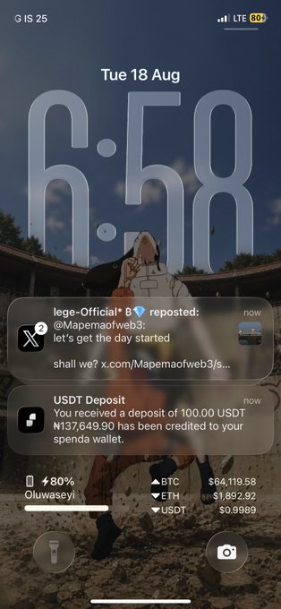 The image shows an iPhone lock screen at 6:58 on Tue 18 Aug, featuring a reposting notification from "Mapemaofweb3" and a USSDT Deposit alert confirming ₦137,649.90 (100 USDT) credited to a Spenda wallet. This perfectly aligns with the caption celebrating a successful crypto-to-naira conversion—giving all credit to God for the financial blessing.