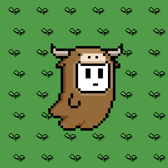 Pixel art illustration of a brown bull character with horns and a white face, set against a green background with small sprout patterns.