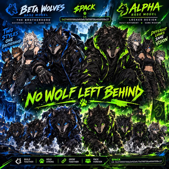 Promotional poster for 'NO WOLF LEFT BEHIND' NFT collection featuring Beta Wolves (Base Model) and Alpha (Locked Design) artwork with pack contract address 0x27495511b8a2e163efc75d788706a40dd100bc27.
