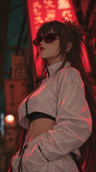 An anime-style illustration of a young woman with long dark hair, red-tinted sunglasses, and a white jacket, posed against a neon-lit urban backdrop with red signage.