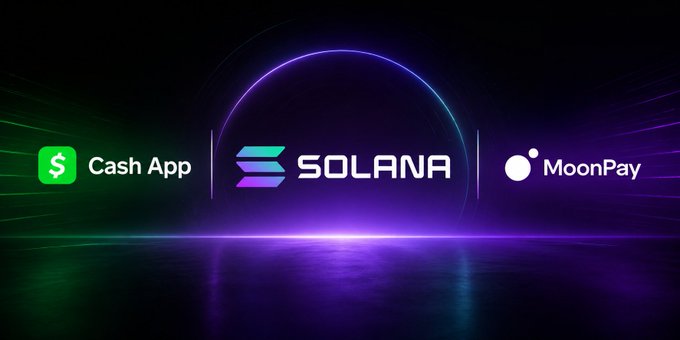 The graphic displays the logos for Cash App, Solana, and MoonPay against a dark background illuminated by a glowing purple neon arch, visually representing the newly announced partnership that allows users to purchase any Solana token directly from their Cash App balance via MoonPay.