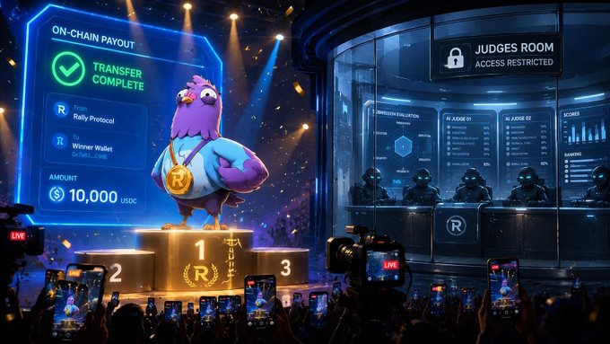 A digital illustration of a bird wearing a medal standing on a winner's podium, with a screen displaying 'ON-CHAIN PAYOUT TRANSFER COMPLETE' and 'AMOUNT 10,000 USDC', next to a 'JUDGES ROOM ACCESS RESTRICTED' area.