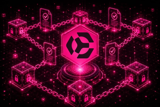 A neon pink 3D graphic depicting a blockchain network with a central hexagonal node surrounded by cubes connected by chains, featuring document and lock icons.