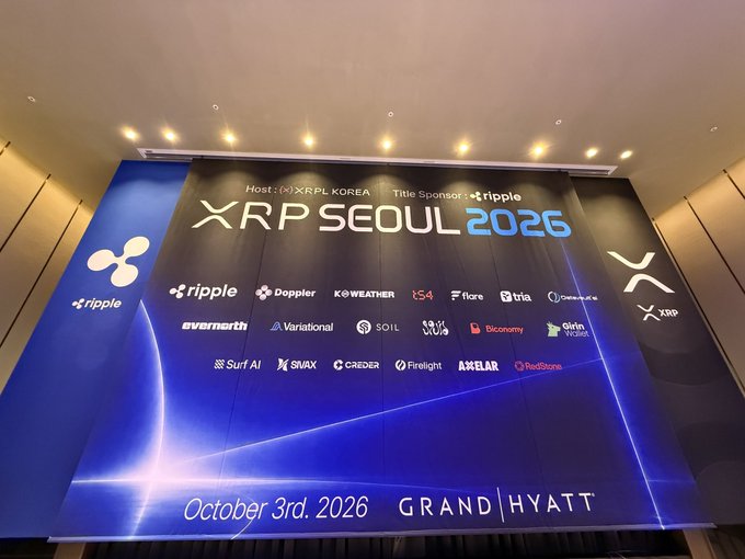 A large banner for 'XRP SEOUL 2026' hosted by XRPL KOREA with title sponsor Ripple, scheduled for October 3rd, 2026 at Grand Hyatt, featuring sponsor logos including Ripple, Doppler, KOWEATHER, evermath, Variational, SOIL, Firelight, AXELAR, and RedStone.