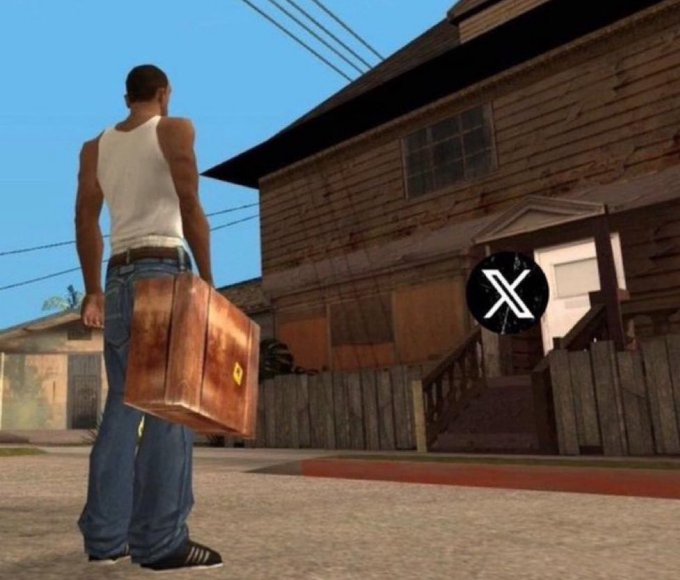 A video game screenshot of a muscular man in a white tank top holding a brown suitcase, facing a wooden house, with an X (Twitter) logo overlaid in the center.