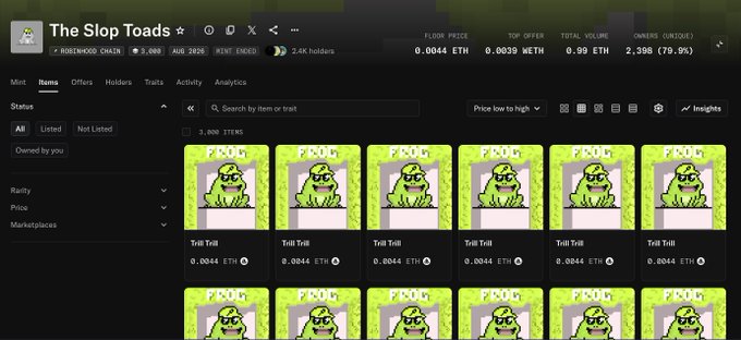 The image shows an NFT marketplace listing for "The Slop Toads" collection on the Robinhood Chain, displaying items priced at 0.0044 ETH with a floor price of 0.0044 ETH and only 2,398 holders (79.5% ownership concentration). This relates to the caption by highlighting how a small holder base in an OG collection suggests healthy distribution and rewarding early adopters, despite the modest floor price.