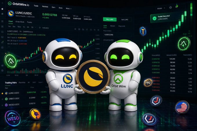 Two astronaut mascots—one labeled "LUNC" and the other "Orbit Wire"—jointly hold a Terra Classic coin in front of a live OrbitWire.io trading dashboard showing the LUNC/USDC pair at approximately 0.00012768, up 12.45%, visually reinforcing the post's message of unified growth and utility across the Terra Classic ecosystem.