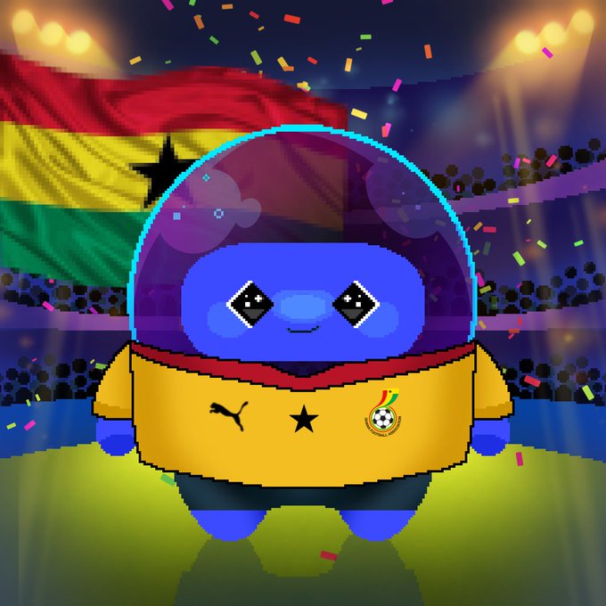 A pixel art character wearing a yellow Ghana football jersey (with Puma logo and Black Star) stands in a stadium holding a ball, with the Ghana flag in the background and confetti falling.