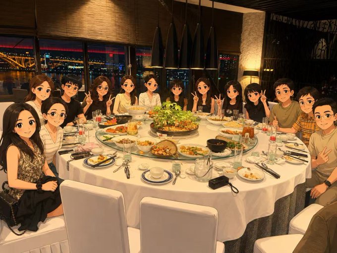 A large group of attendees from various AI and tech companies, including 0G, Tencent Cloud, Alibaba Cloud, Z.ai, Kimi, and BytePlus, gather around a lavishly set round dining table for a private dinner in Shanghai following the WAIC conference. The animated characters pose together with the city skyline visible through the windows behind them, capturing a celebratory networking moment among industry leaders.