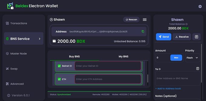 A screenshot of the Beldex Electron Wallet interface showing a user named 'Shawn' with a balance of 2000.00 BDX, featuring options for BNS Service, Master Node, Swap, and sending/receiving transactions.
