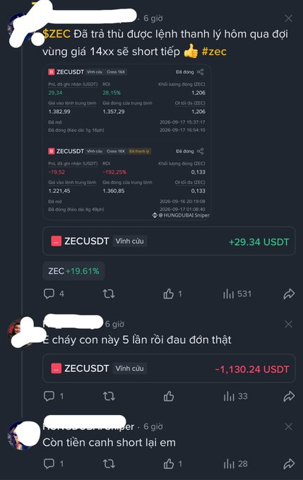 A series of social media posts about ZECUSDT perpetual trades, displaying significant gains and losses in USDT.