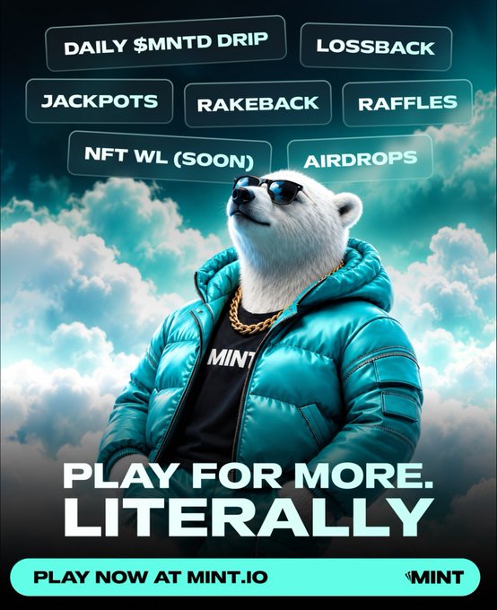 An advertisement for 'MINT' features a polar bear wearing sunglasses, a gold chain, and a teal puffer jacket against a cloudy sky, with buttons for 'JACKPOTS', 'RAKEBACK', and 'RAFFLES' above and 'PLAY FOR MORE. LITERALLY' below.
