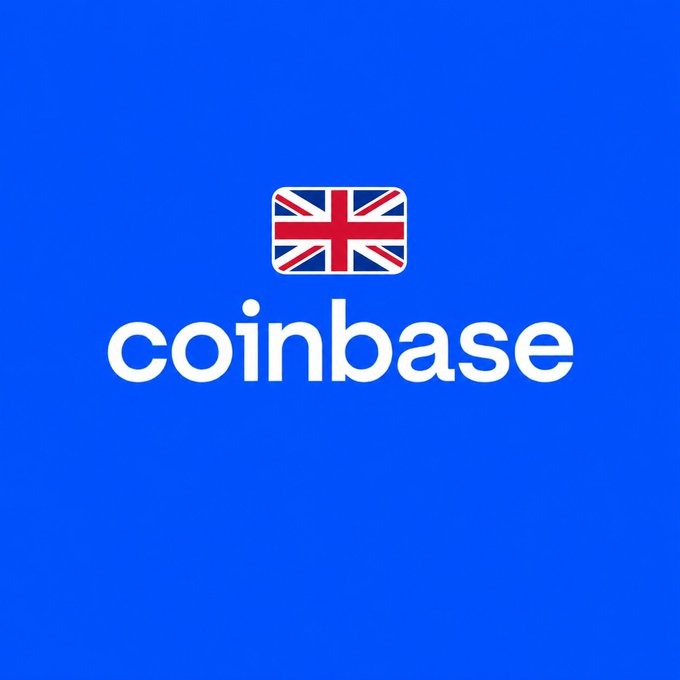 The image features the company's name "coinbase" in white text on a blue background, topped with a UK flag emoji, visually representing Coinbase's expansion of futures, perpetuals, and crypto options services for professional investors in the United Kingdom.