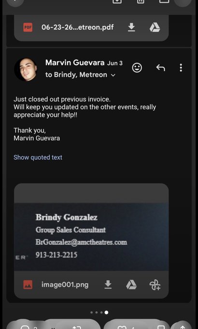 An email screenshot from Marvin Guevara dated Jun 3 to Brindy at Metreon, with the message "Just closed out previous invoice. Will keep you updated on the other events, really appreciate your help!!" along with a PDF attachment and an image of a business card for Brindy Gonzalez.