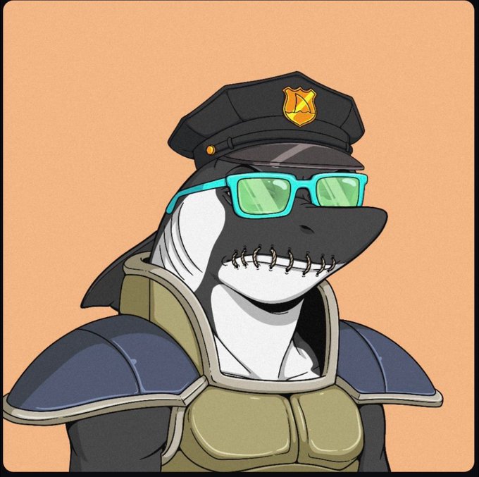 A cartoon illustration depicts a shark character wearing a military-style cap with a crest, green sunglasses, and tactical body armor against a peach background.