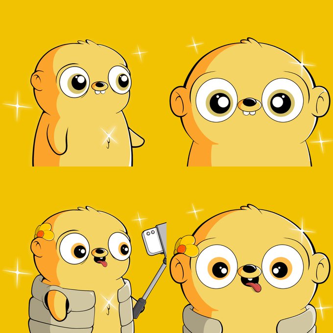 A cartoon illustration of an orange, bear-like creature shown in four different poses against a yellow background with sparkle effects.
