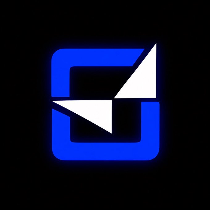 A digital logo featuring a white geometric shape over a blue square frame on a black background.