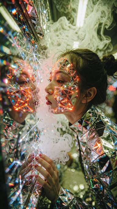 Artistic portrait of a woman with closed eyes in an iridescent geometric/mirrored outfit, with glowing red geometric shapes projected on her face and wisps of white smoke around her.