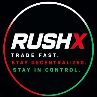 The image displays the RushX logo—a circular emblem with a red-to-green gradient border—alongside the tagline "TRADE FAST. STAY DECENTRALIZED. STAY IN CONTROL." It visually reinforces the post's message by aligning the platform's branding with RushX Guard's promise of transparency and trader control through real-time, pre-execution risk insights.